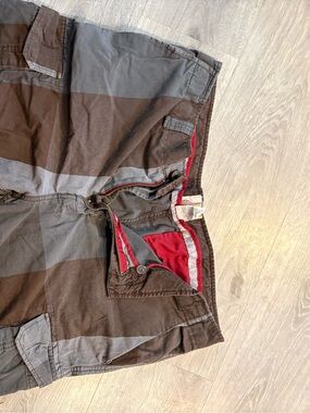 OP Men's Brown and Gray Striped Shorts with Red Lining